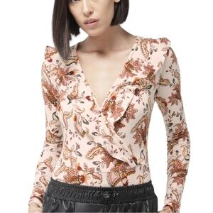 Forever 21 Women's Bodysuit Top Deep V-neck ruffles Peach Floral Small